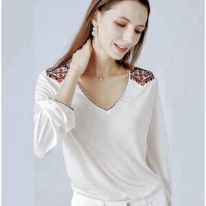 Massimo Dutti Boho Embroidered V-Neck Top Ivory Long Sleeve Women's Size Small